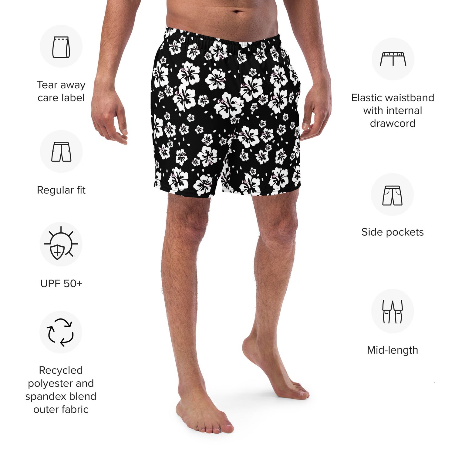 Men’s Floral Anti-Chafe Swim Trunks. 4 Way Stretch UPF 50+