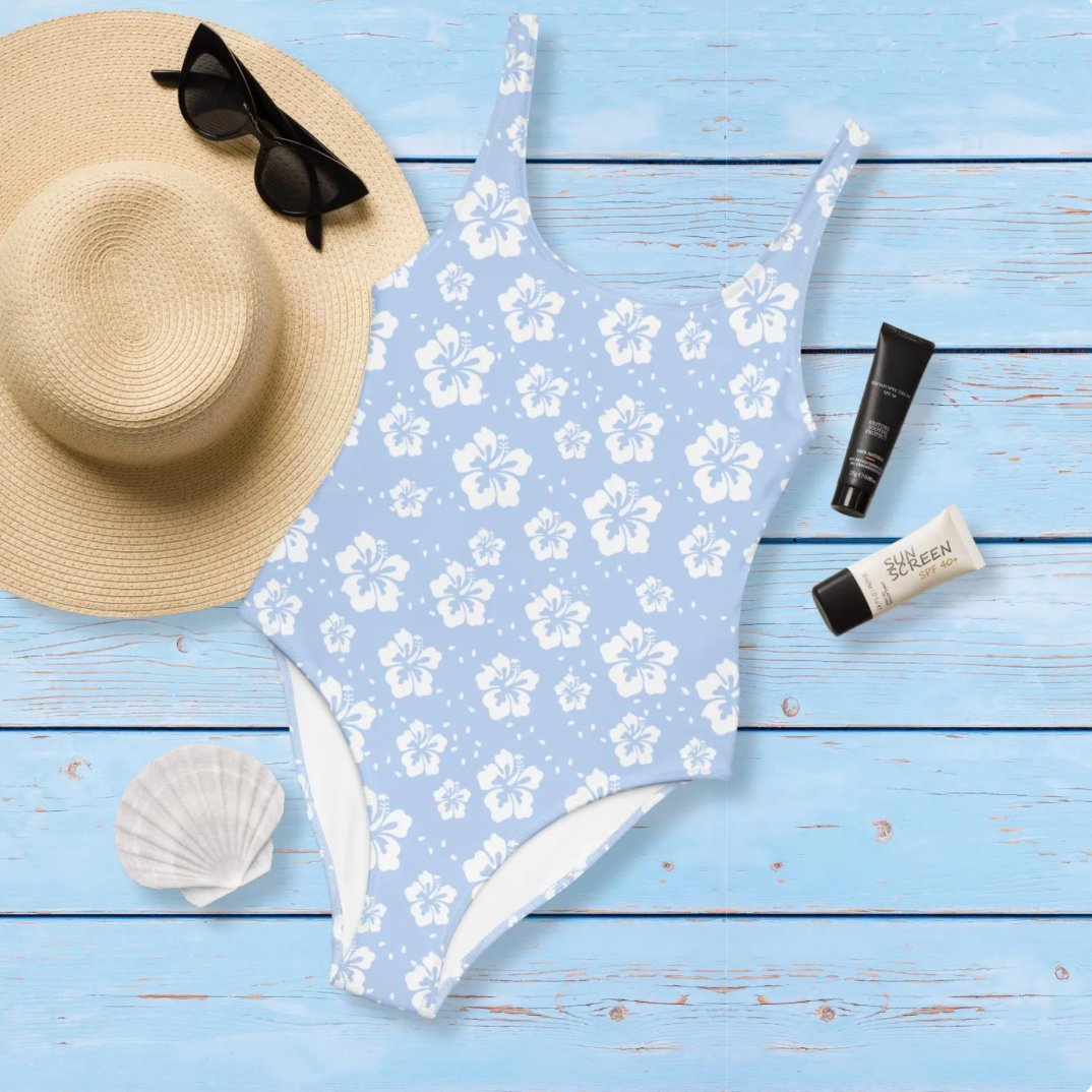 Recycled Baby Blue Floral Swimsuits. UP50 Sun Protection