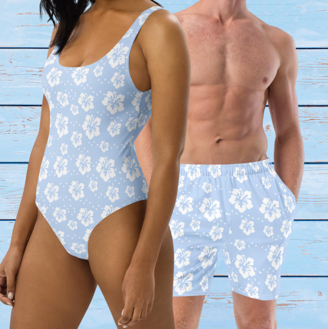 Recycled Baby Blue Floral Swimsuits. UP50 Sun Protection