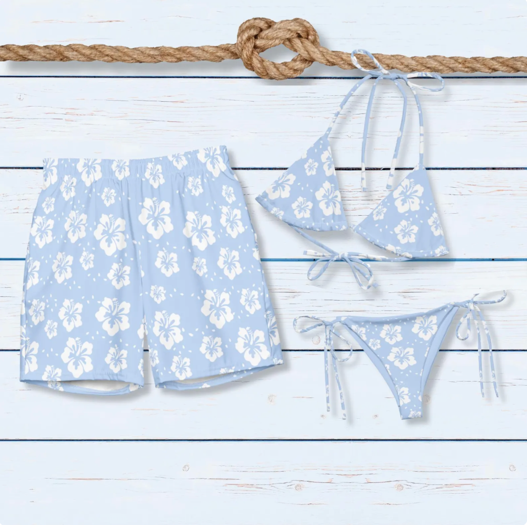 Recycled Baby Blue Floral Swimsuits. UP50 Sun Protection
