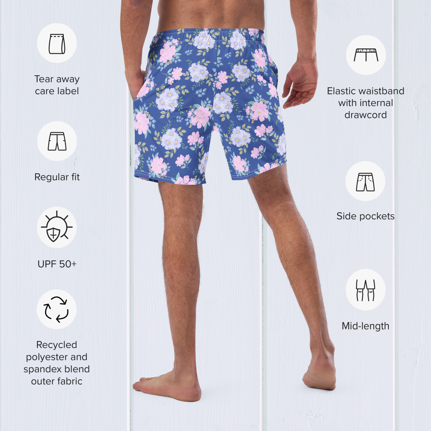 Men&#39;s Floral Swimwear. UP50+ Four Way Stretch Swim Shorts.