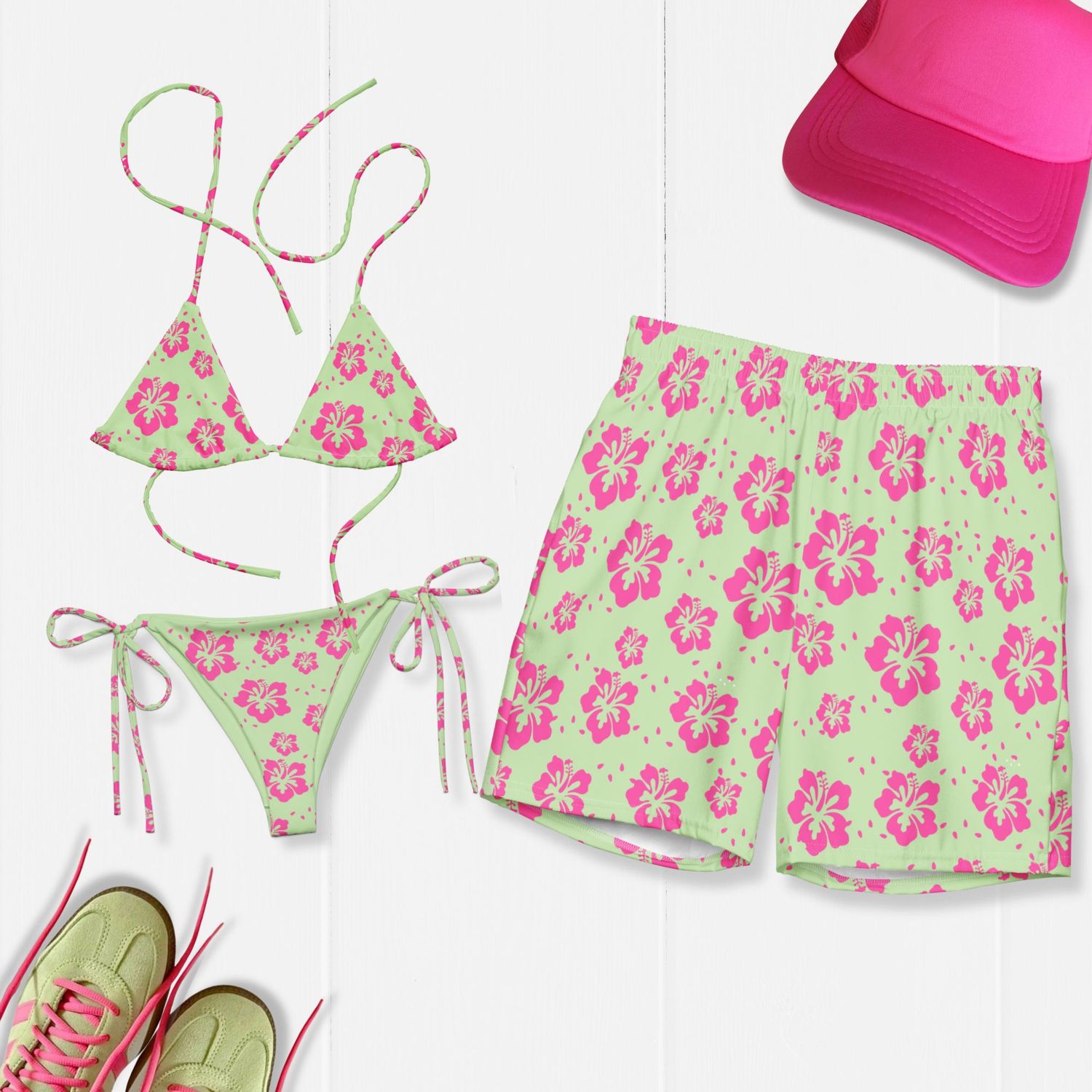 Y2K Hot Pink and Mint Couples Swimsuits