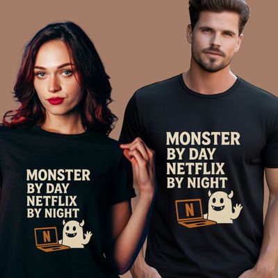 Monster By Day Netflix By Night Shirt, Funny Halloween T-Shirt, Spooky Movie Night Tee, Cute Monster Graphic Tee, Cozy Halloween Costume Top
