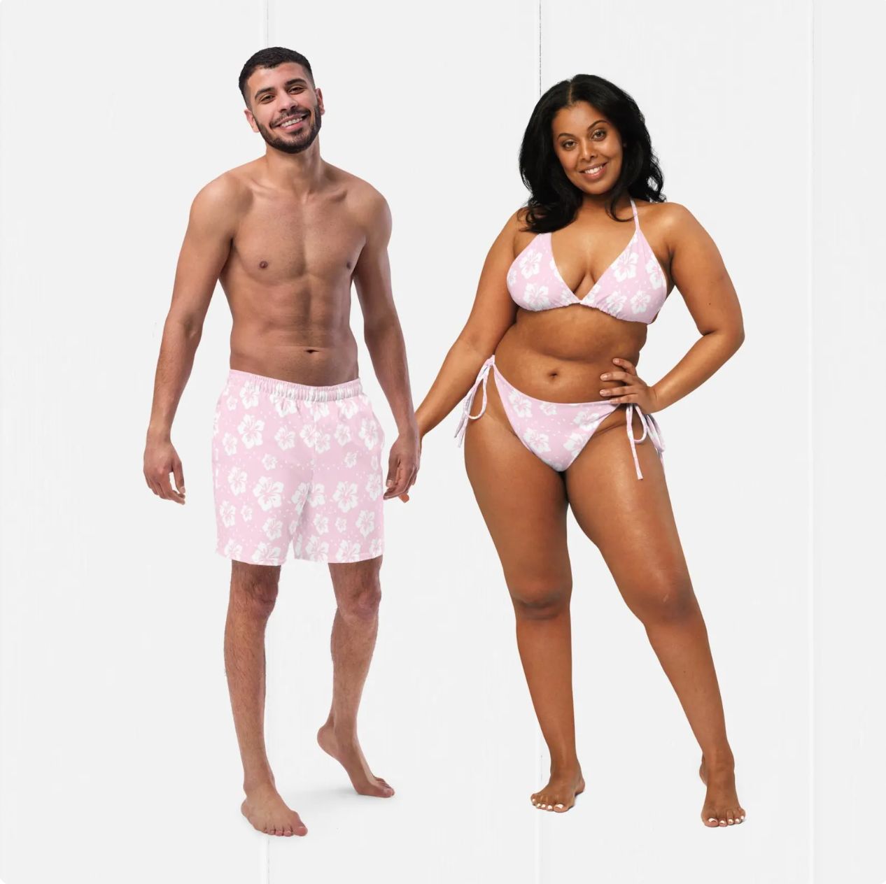 His and Hers Tropical Pastel Floral Swimsuits