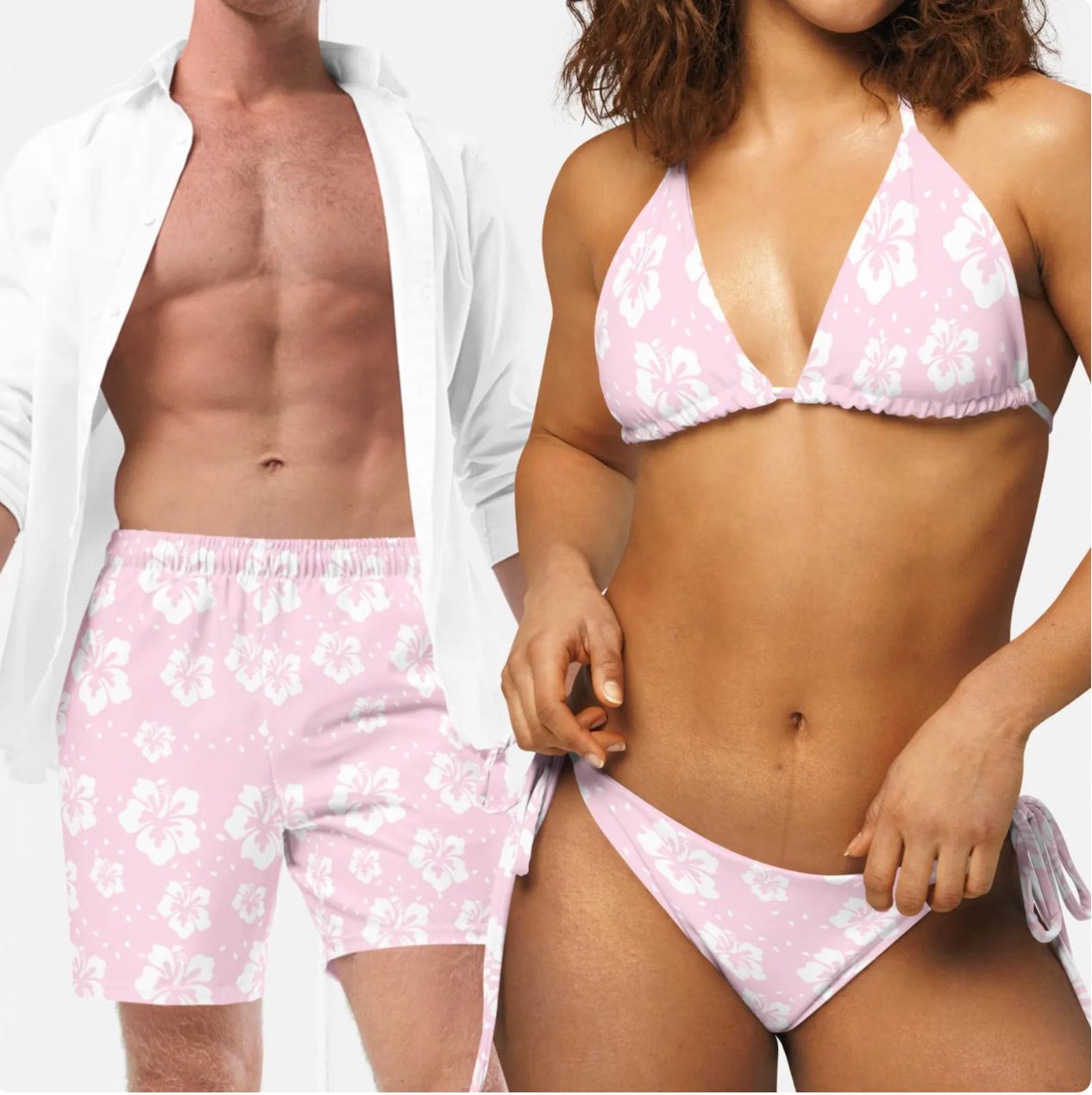 His and Hers Tropical Pastel Floral Swimsuits