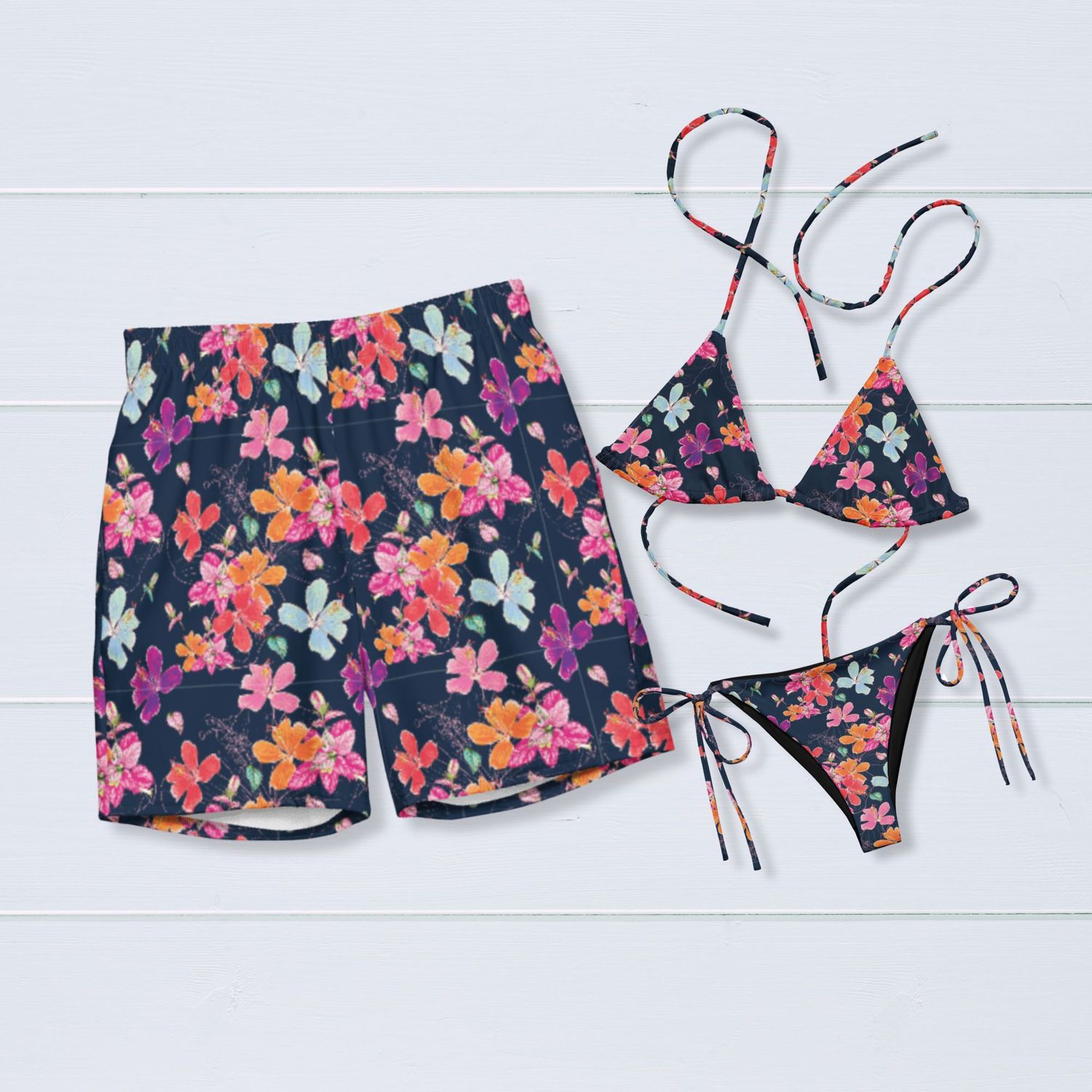 Vibrant Floral Couples Swimsuits: His &amp; Hers Matching Tropical Bathing Suits for Honeymoon Vacation
