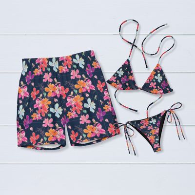 Vibrant Floral Couples Swimsuits: His &amp; Hers Matching Tropical Bathing Suits for Honeymoon Vacation