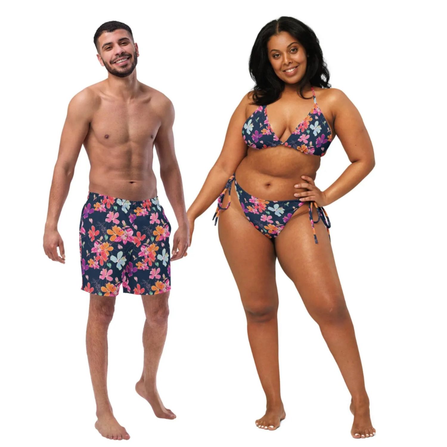 Vibrant Floral Couples Swimsuits: His &amp; Hers Matching Tropical Bathing Suits for Honeymoon Vacation