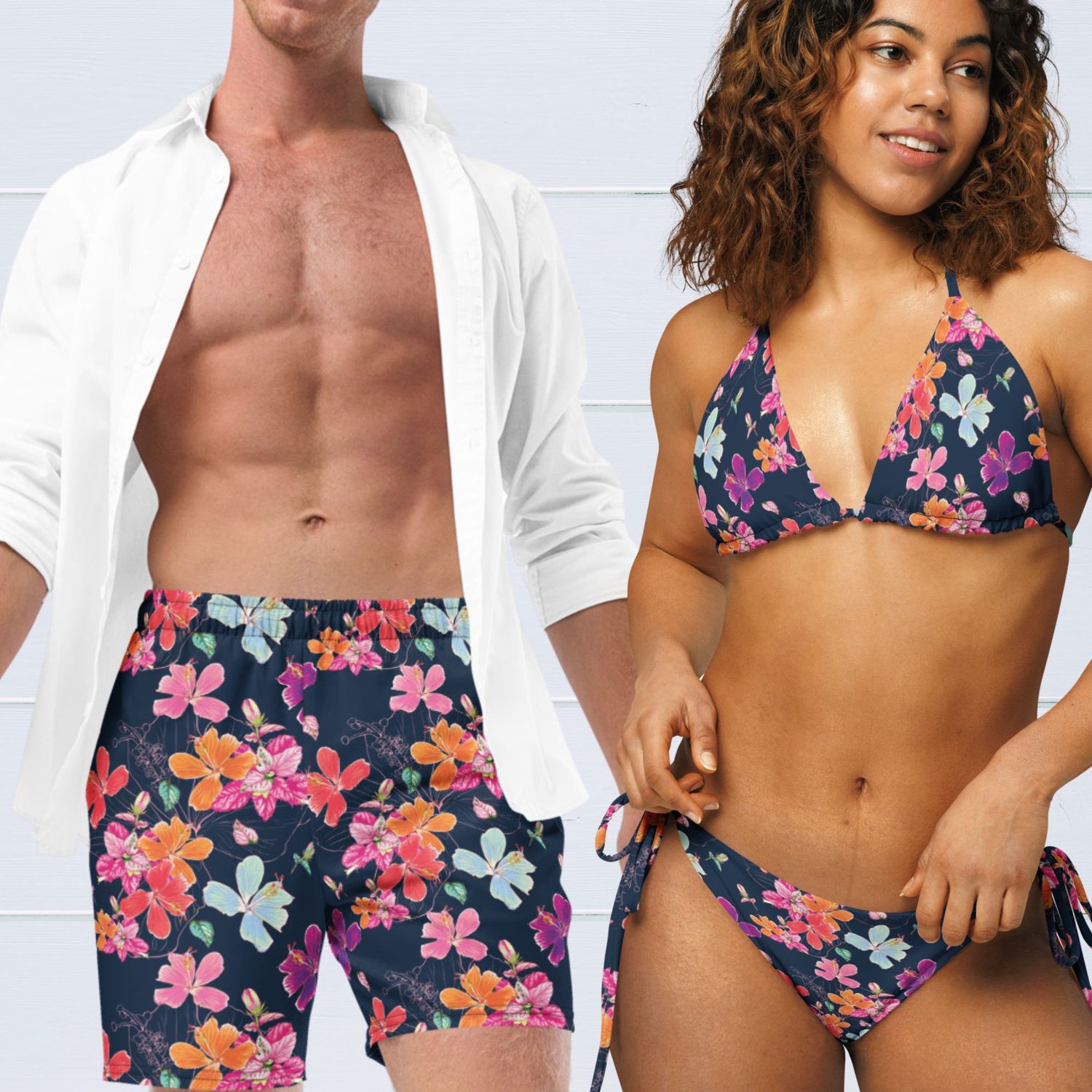 Vibrant Floral Couples Swimsuits: His &amp; Hers Matching Tropical Bathing Suits for Honeymoon Vacation