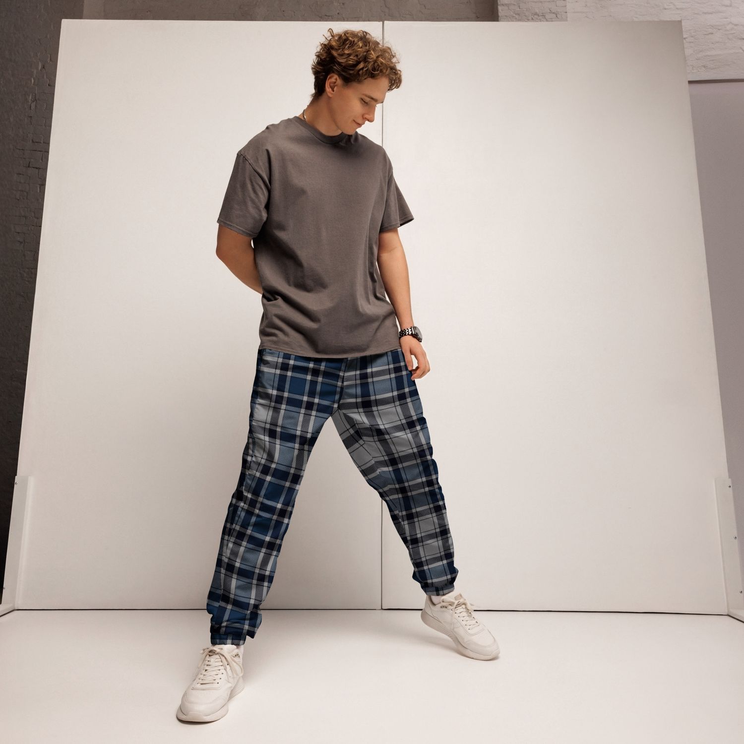 Blue &amp; Grey Tartan Track Pants | Unisex Streetwear Joggers