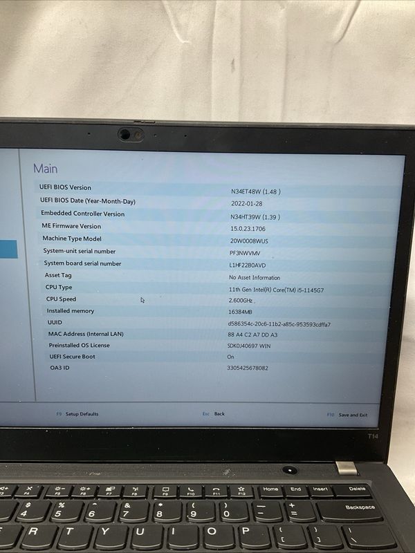 Lenovo ThinkPad T14 Gen 2 Laptop | Intel Core i5 11th Gen | 16GB RAM | NO SSD | For Parts or Repair