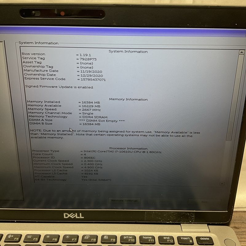 Dell Latitude 5410 Laptop | Intel Core i7 10th Gen | 16GB RAM | NO SSD | For Parts or Repair