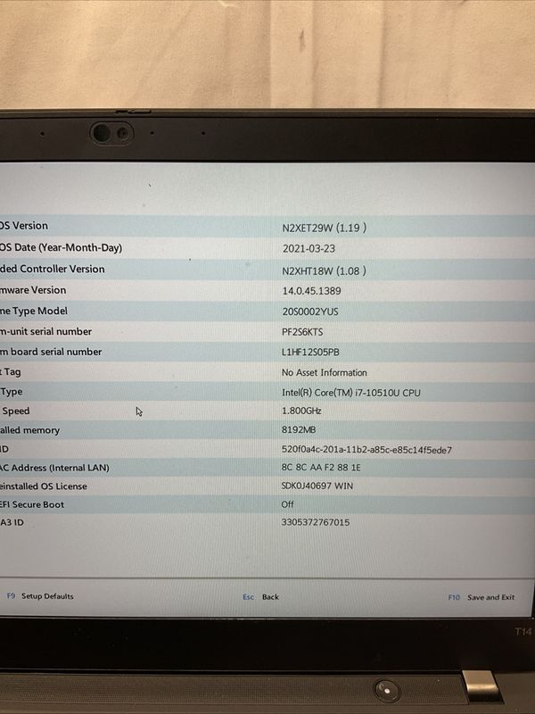 Lenovo ThinkPad T14 Gen 1 Laptop | Intel Core i7 10th Gen | 8GB RAM | NO SSD | For Parts or Repair