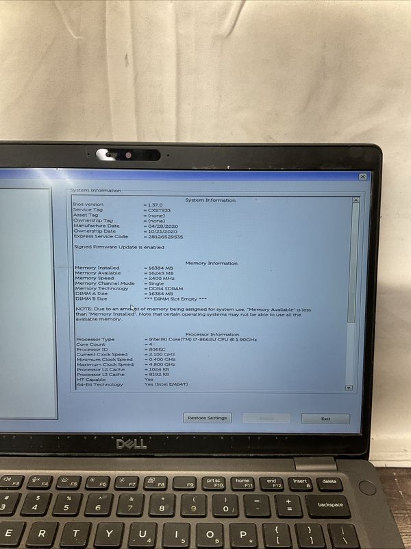 Dell Latitude 5400 Laptop | Intel Core i7 8th Gen | 16GB RAM | NO SSD | For Parts or Repair