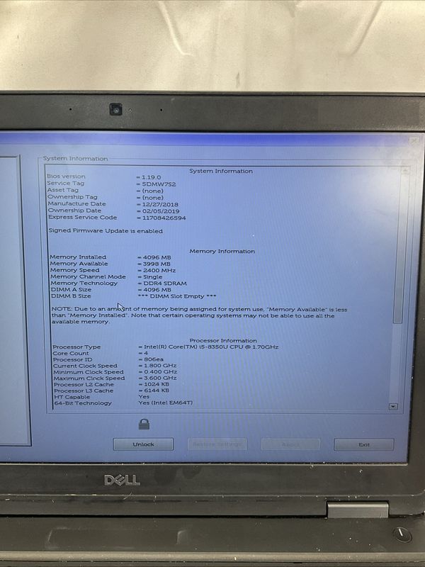 Dell Latitude 5590 Laptop | Intel Core i5 8th Gen | 4GB RAM | NO SSD | BIOS Locked | As-Is