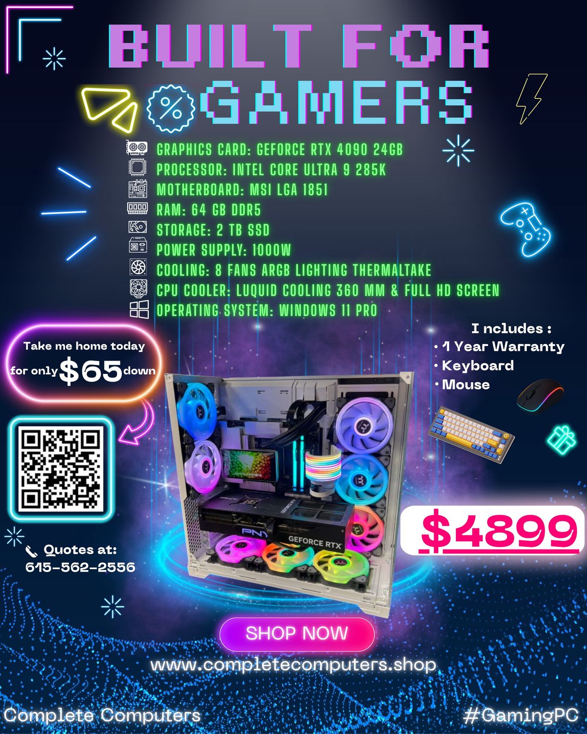 Gaming PC | Core Ultra 285K | RTX 4090 24GB | 64GB DDR5 | 2TB SSD