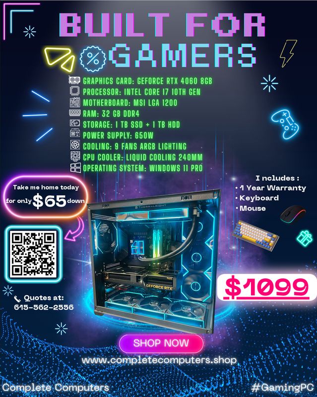 Gaming PC | RTX 4060 8GB | Intel Core i7 10th Gen | 32GB DDR4 RGB | 1TB SSD + 1TB HDD