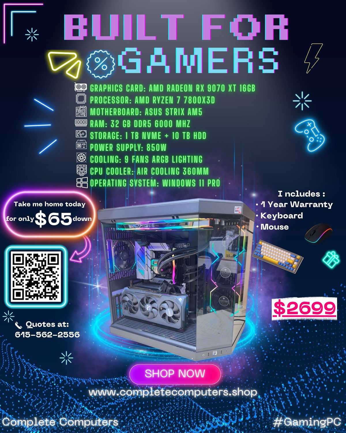 Gaming PC RX 9070 XT Ryzen 7 7800X3D 32GB DDR5