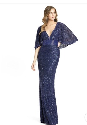 SEQUINED V-Neck CAPE SLEEVE BEADED WAIST GOWN