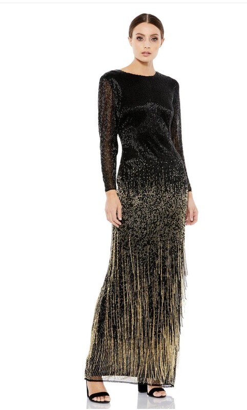 LONG  SLEEVE BEADED FRINGE EVENING GOWN