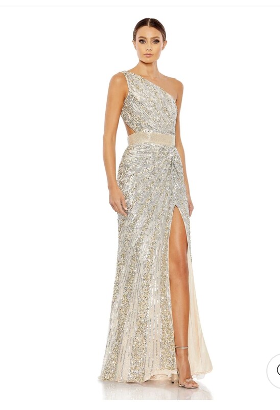 SEQUINED ONE SHOULDER DRAPED LACE UP GOWN