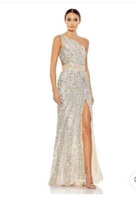 SEQUINED ONE SHOULDER DRAPED LACE UP GOWN