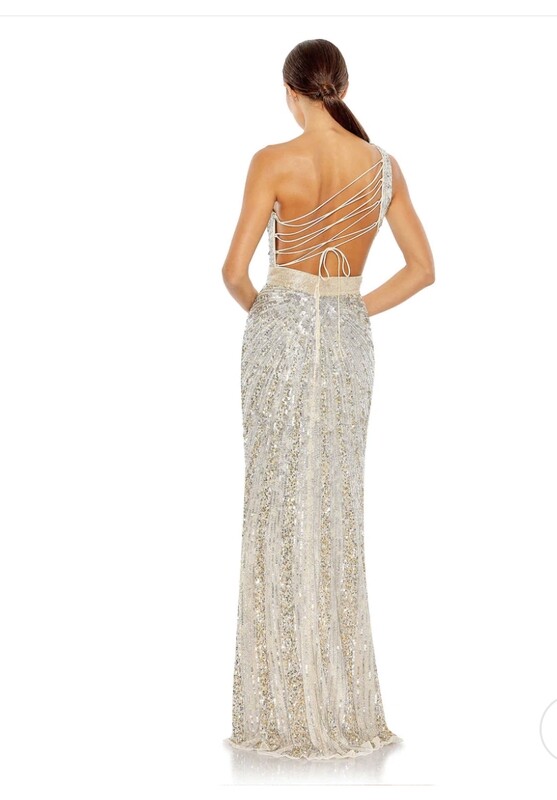 SEQUINED ONE SHOULDER DRAPED LACE UP GOWN