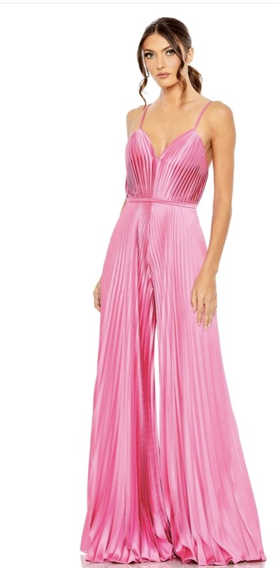 Pleated Plunge Neck Wide Leg Jumpsuit