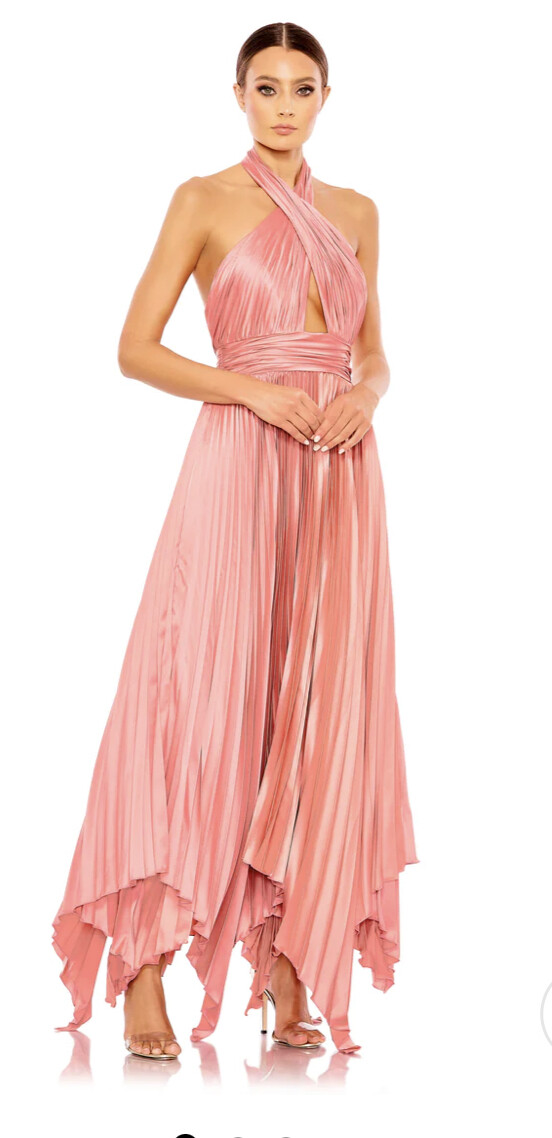 PLEATED HALTER NECK ASYMMETRICAL HEM GOWN