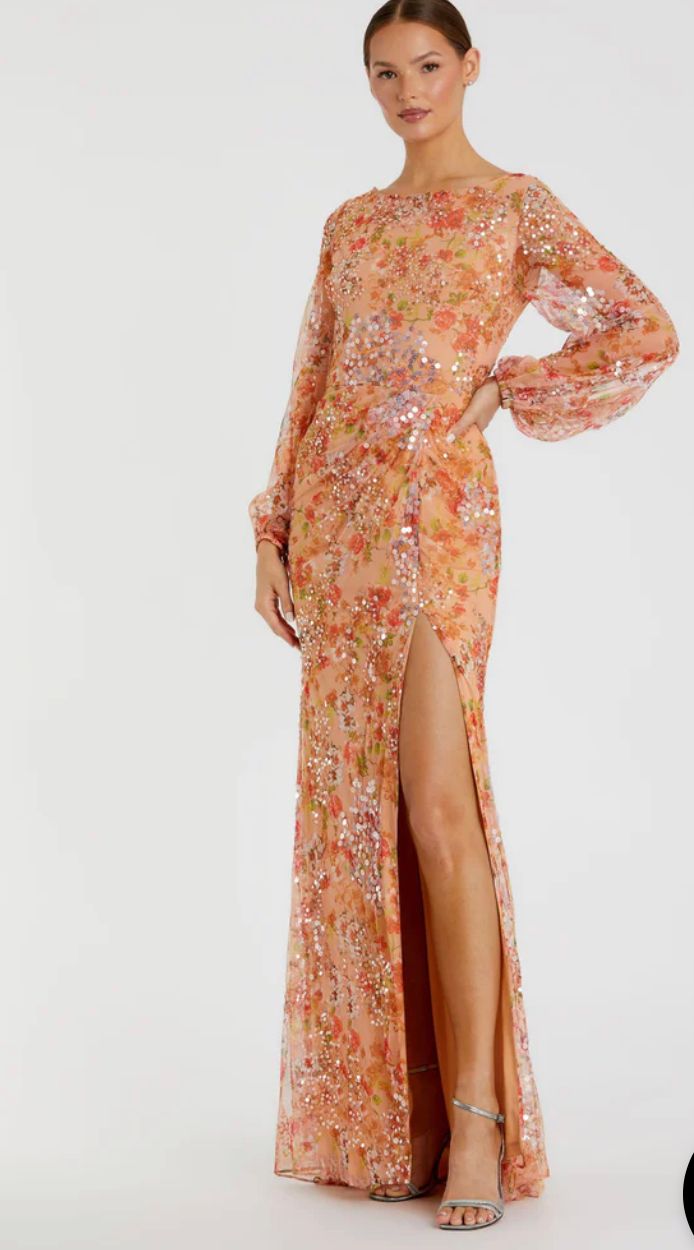 Floral Print Sequined Puff Sleeve Gown