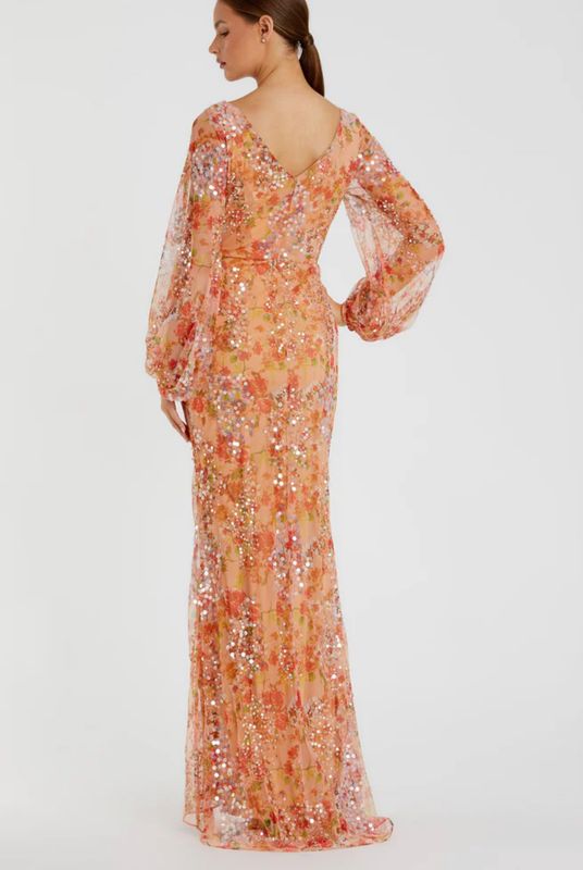 Floral Print Sequined Puff Sleeve Gown