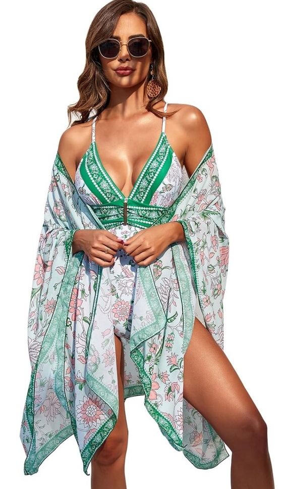 Floral Green Women&#39;s One Piece Swim with Cover- Up