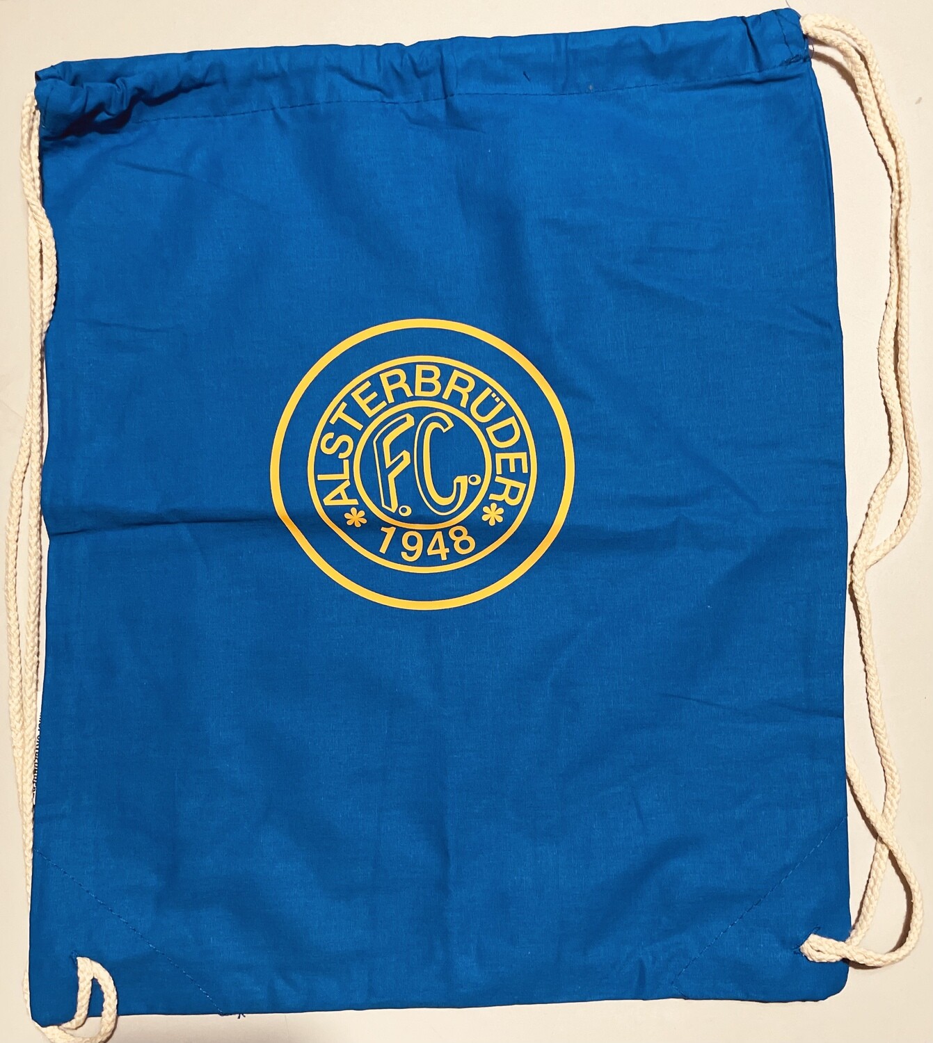 Turnbeutel Blau mit gelbem Logo (100% Baumwolle)