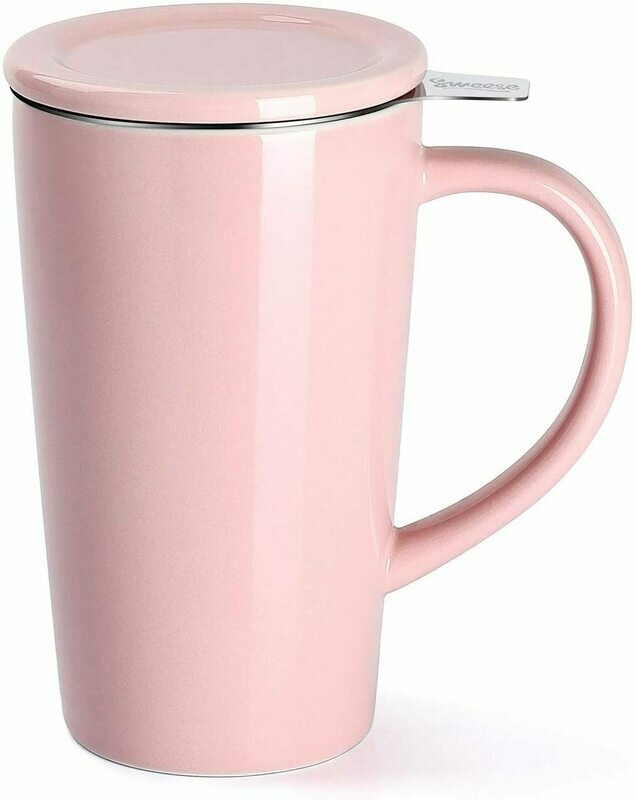 Porcelain Tea Mug with Infuser and Lid, Ceramic Coffee Cocoa Cup Set for One,18 OZ, Pink