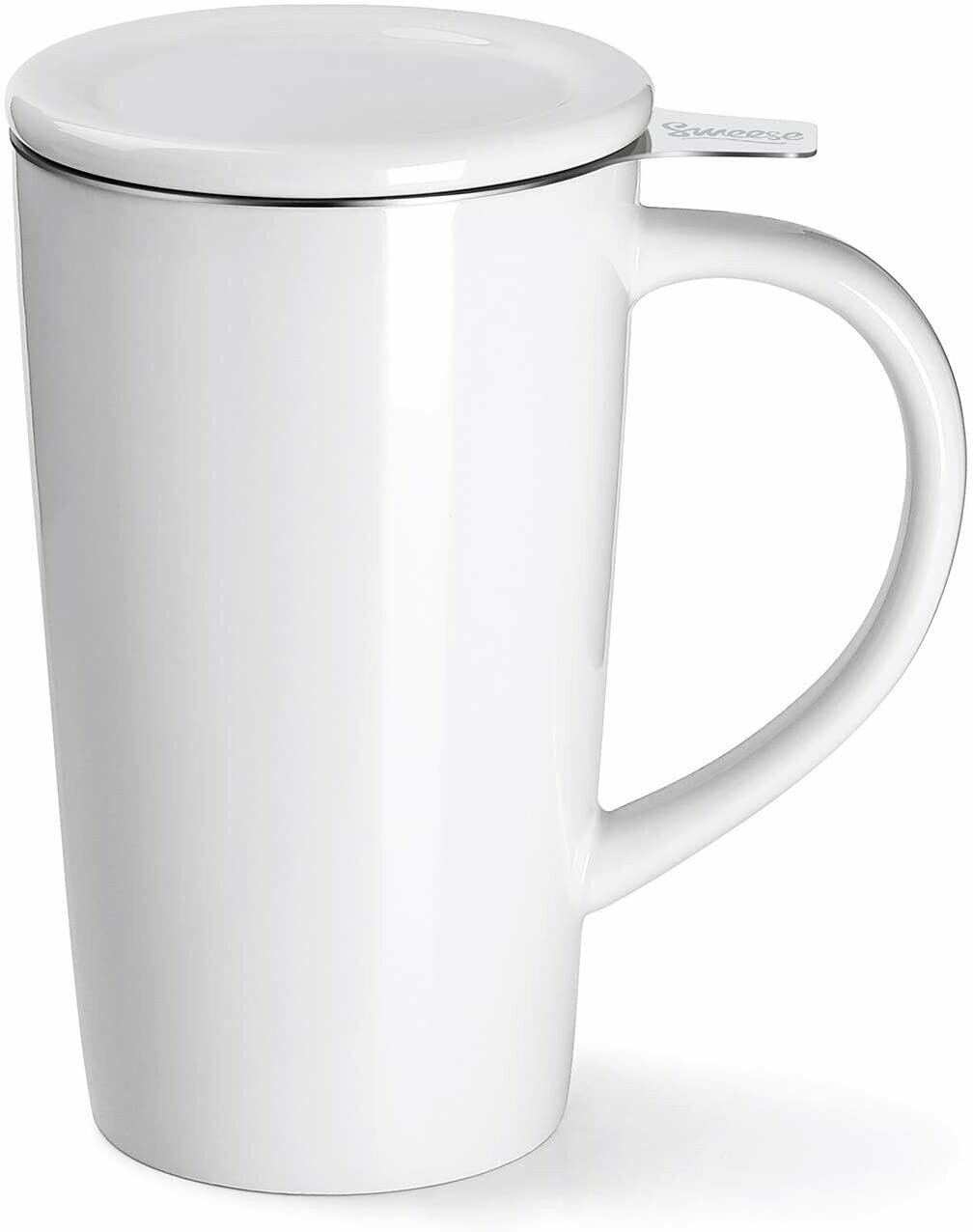Porcelain Tea Mug with Infuser and Lid, Ceramic Coffee Cocoa Cup Set for One, 18 OZ, White