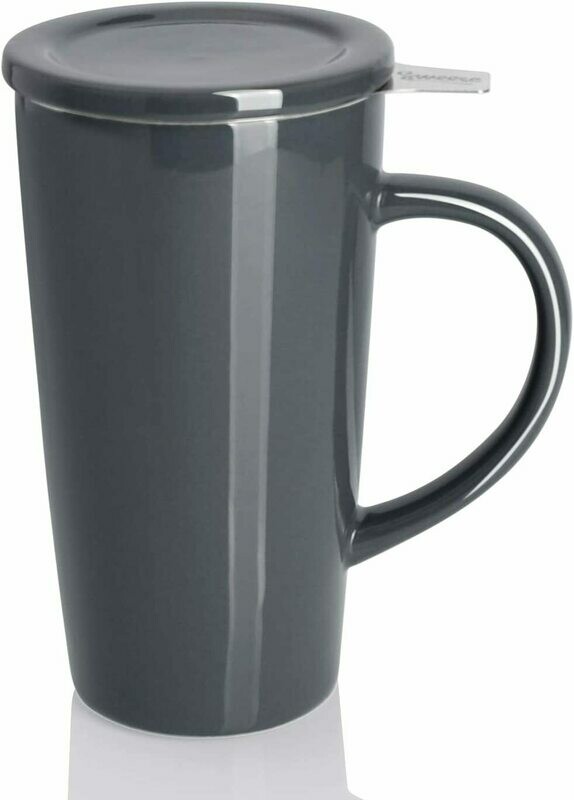 Porcelain Tea Mug with Infuser and Lid, Ceramic Coffee Cocoa Cup Set for One,18 OZ, Grey
