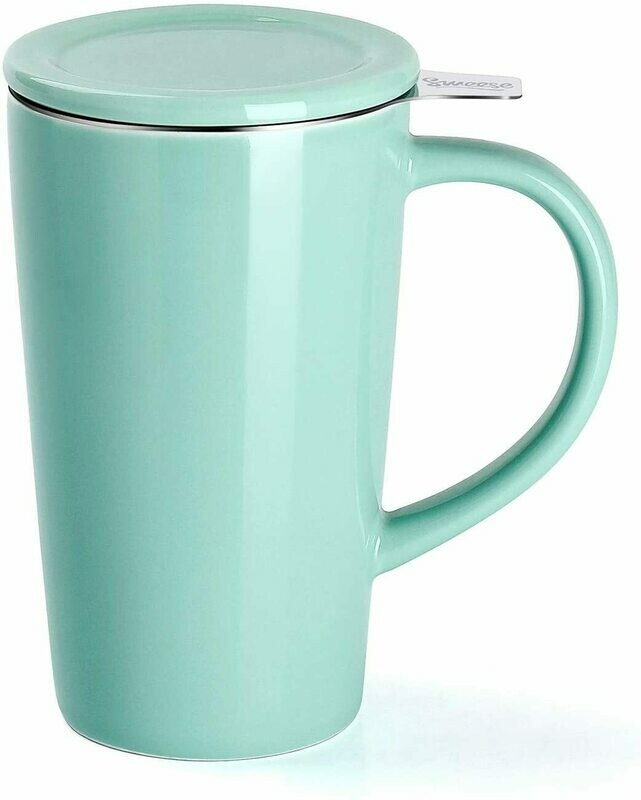 Porcelain Tea Mug with Infuser and Lid, Ceramic Coffee Cocoa Cup Set for One,18 OZ, Mint Green