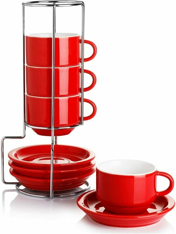 Porcelain Stackable Espresso Cups with Saucers and Metal Stand - 4 Ounce - Set of 4, Red