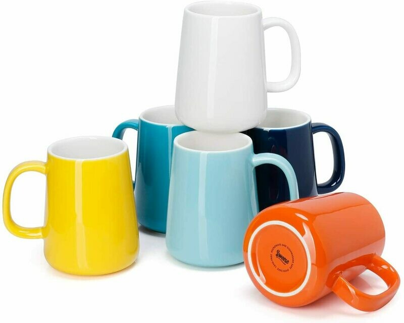 Porcelain Mugs for Coffee, Tea, Cocoa, 14 Ounce, Set of 6, Hot Assorted Colors