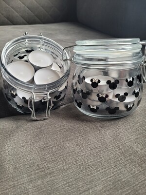 Tealights with  storage jar (micky and Minnie detail)