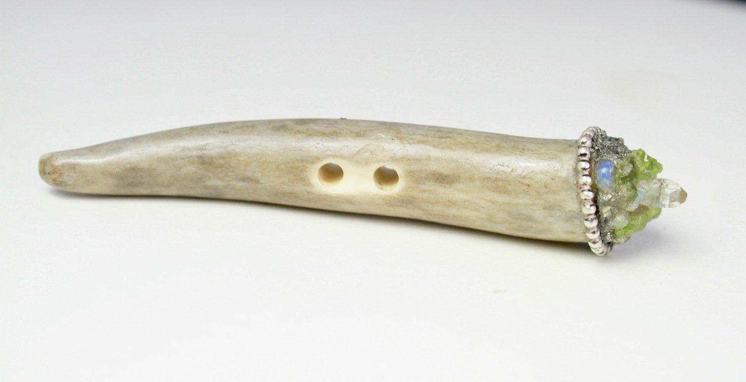 Toggle Button -  Opal, Pyrite, Quartz Crystal, Tourmaline gemstones - Antler Tip Toggle Button