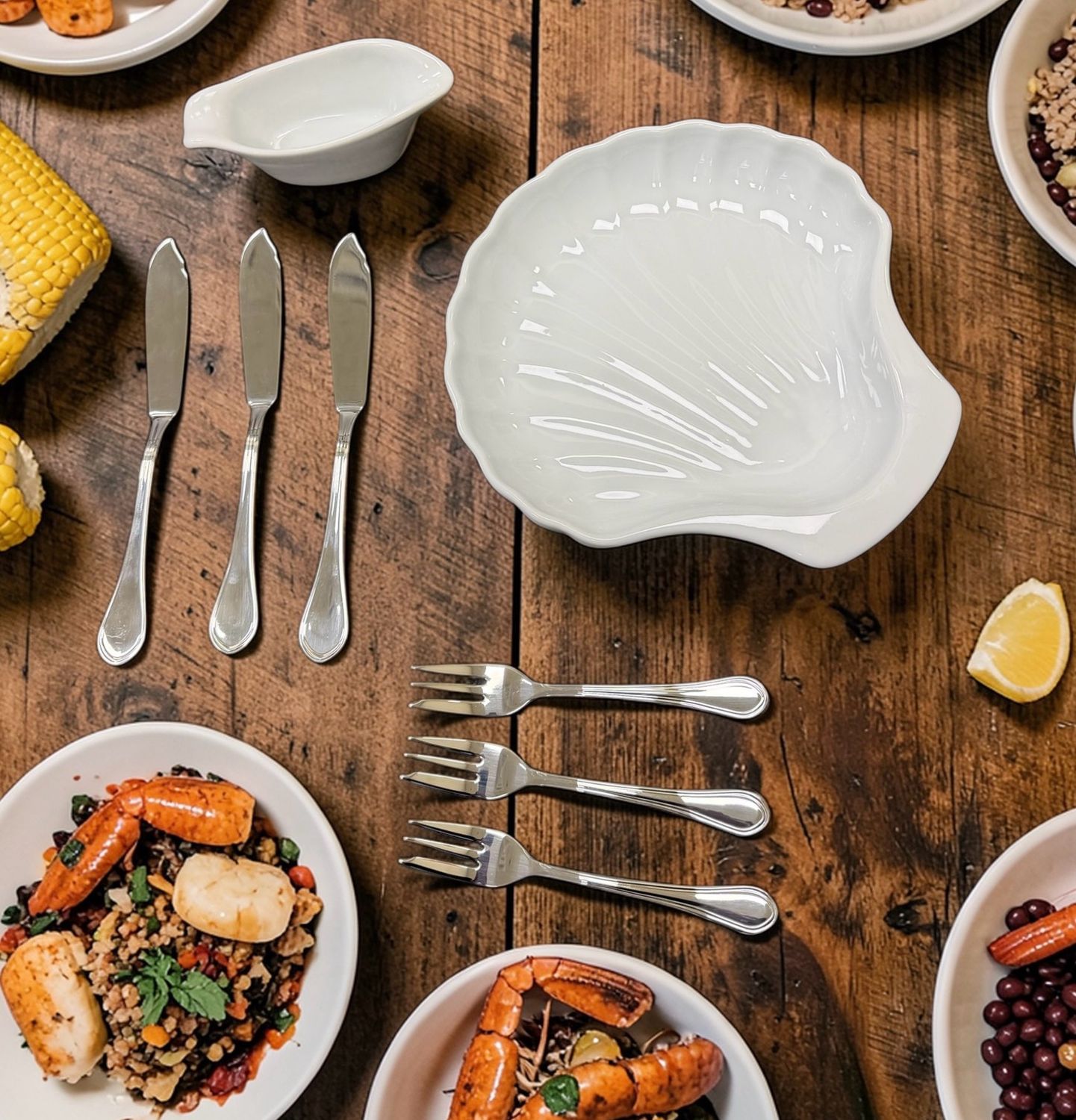 Shell Dish with Fish Knives, Oyster Forks &amp; Sauce Boat