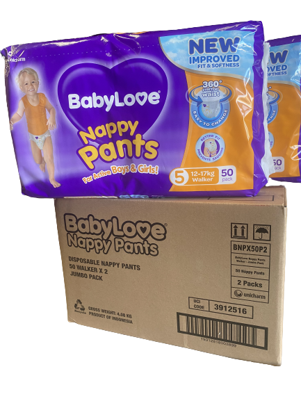 Baby Love Size 5 Walker 12-17kg Disposable Nappy 100 Pants in 2 bags of 50 Extra Large