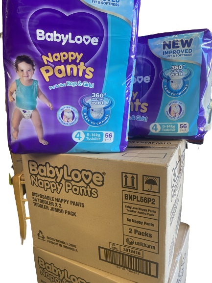 Baby Love Size 4 Toddler 9-17kg Disposable Nappy 112 Pants in 2 bags of 56 Large