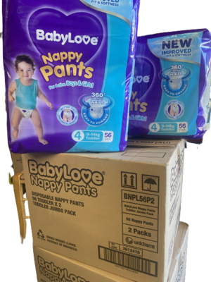 Baby Love Size 4 Toddler 9-17kg Disposable Nappy 112 Pants in 2 bags of 56 Large