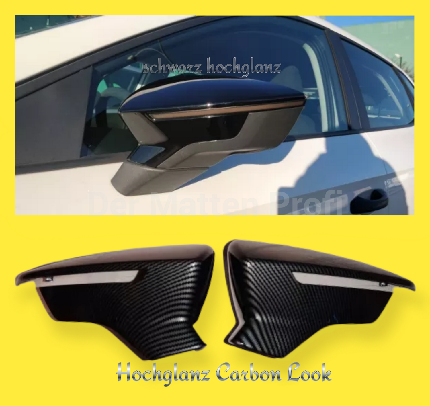 Spiegelkappen passend für Seat Leon in Schwarz-Hochglanz oder Carbon-Optik, im, passgenau, hochwertig verarbeitet, ideal für eine sportliche Fahrzeugaufwertung und modernen Look. Perfekt für Individualisten, die Wert auf Qualität und Stil legen.