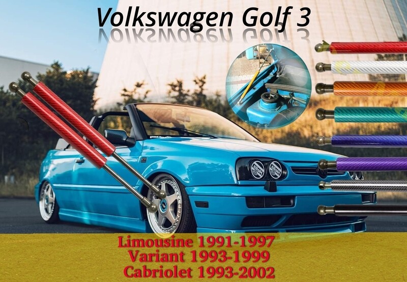 Hochwertige Haubenlifter, Haubendämpfer passend für VW Volkswagen Golf 3, Vento, Cabriolet 1991 - 2002,  in verschiedenen Farben, speziell von uns entwickelt, einfach zu installieren – ohne Bohren und Karosserieumbauten, für eine funktionale und stilvolle Aufwertung des Motorraums