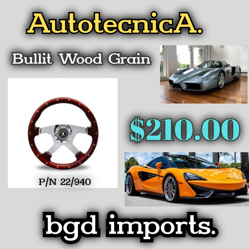 Autotecnica  Bullit Wood Grain Steering Wheel  Small Solid Hardwood Steel Construction Polished Spoke & Horn Ring
Studded Outer ADR APPROVED Dimensions: 350mm Part No:  22/ 940
$210 .00  SKU666