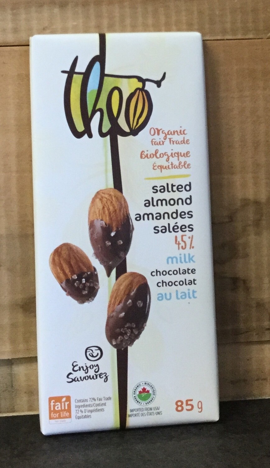 THEO Salted Almond 45% Chocolate Bar 85g THEO Salted Almond 45% Chocolate Bar 85g