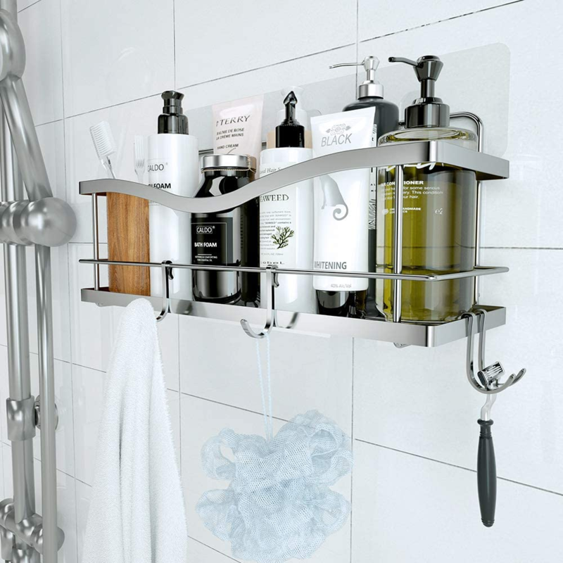 Shower Caddy Basket Shelf with Hooks for Hanging Sponge and Razor,Shampoo Holder Organizer,No Drilling Adhesive Wall Mounted Bathroom Shelf,Rustproof SUS304 Stainless Steel